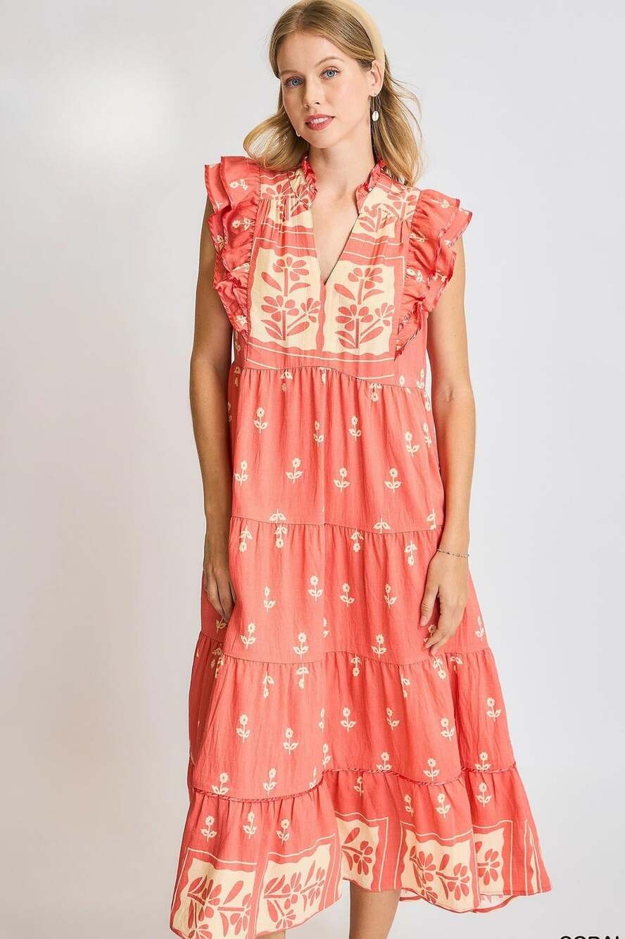 Umgee NWT Coral Floral Tiered Boho Midi Dress Flowy Sz S